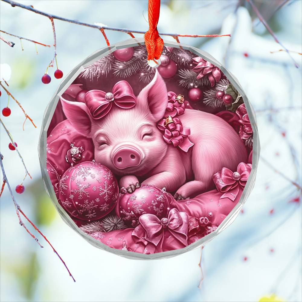 Pig Pink Christmas Design 1 Glass Ornament