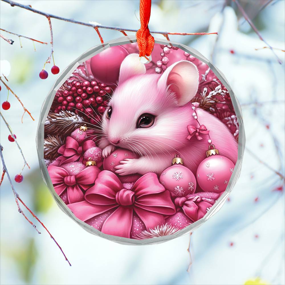Hamster Pink Christmas Design 4 Glass Ornament