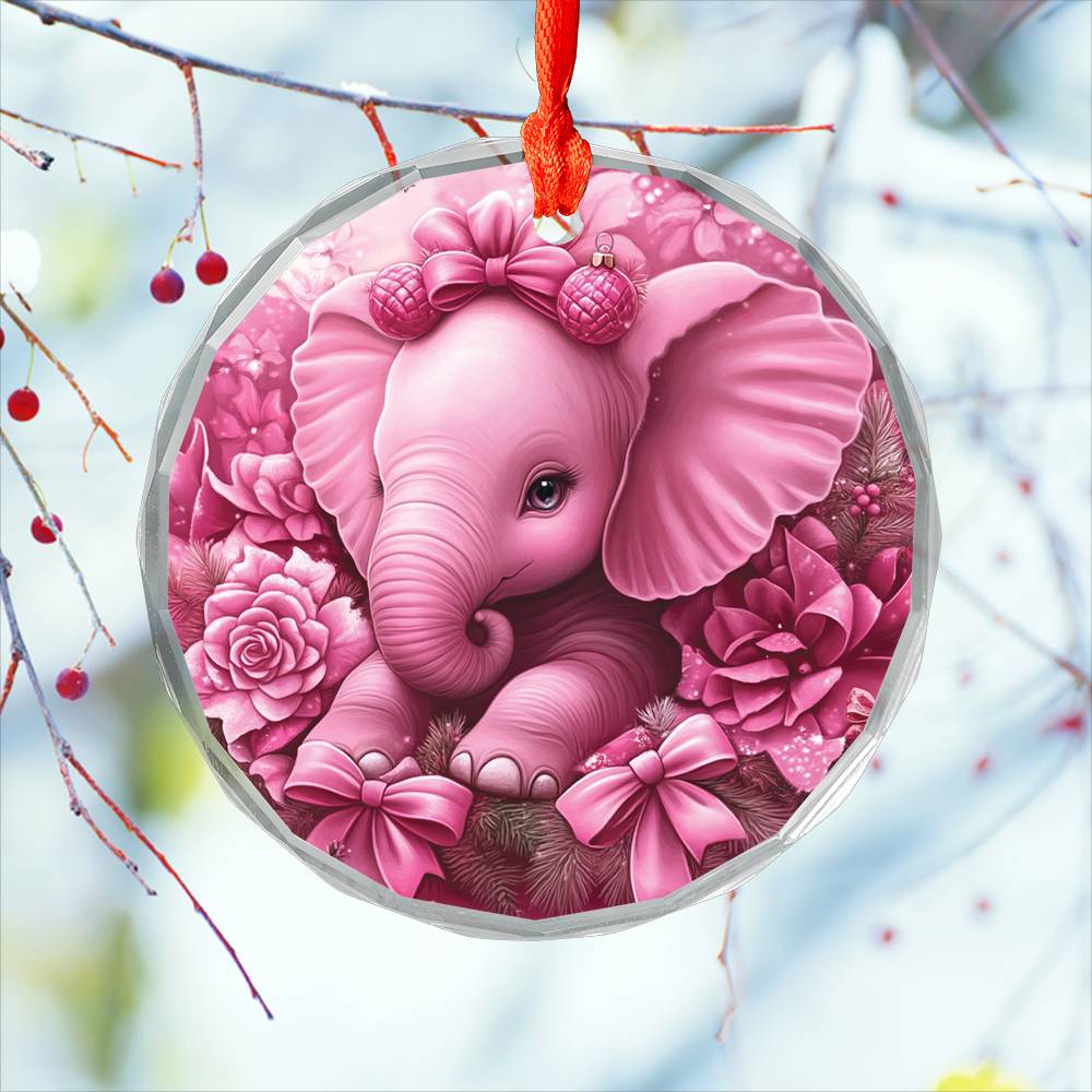 Elephant Pink Christmas Design 3 Glass Ornament