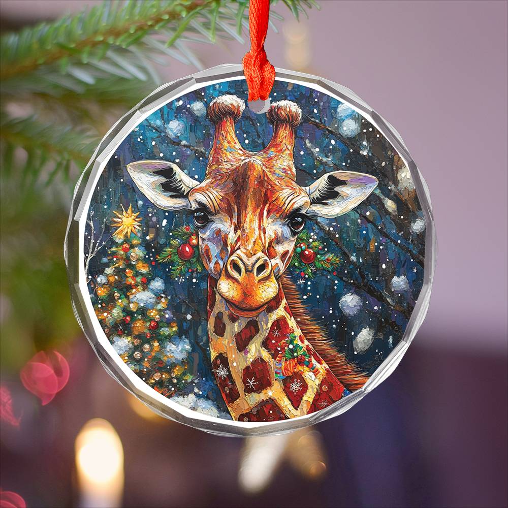 Beautiful Giraffe Christmas Night Design 3 Glass Ornament