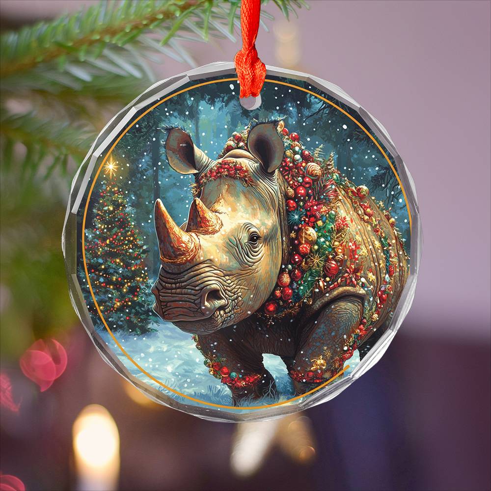Beautiful Rhino Christmas Night Design 1 Glass Ornament