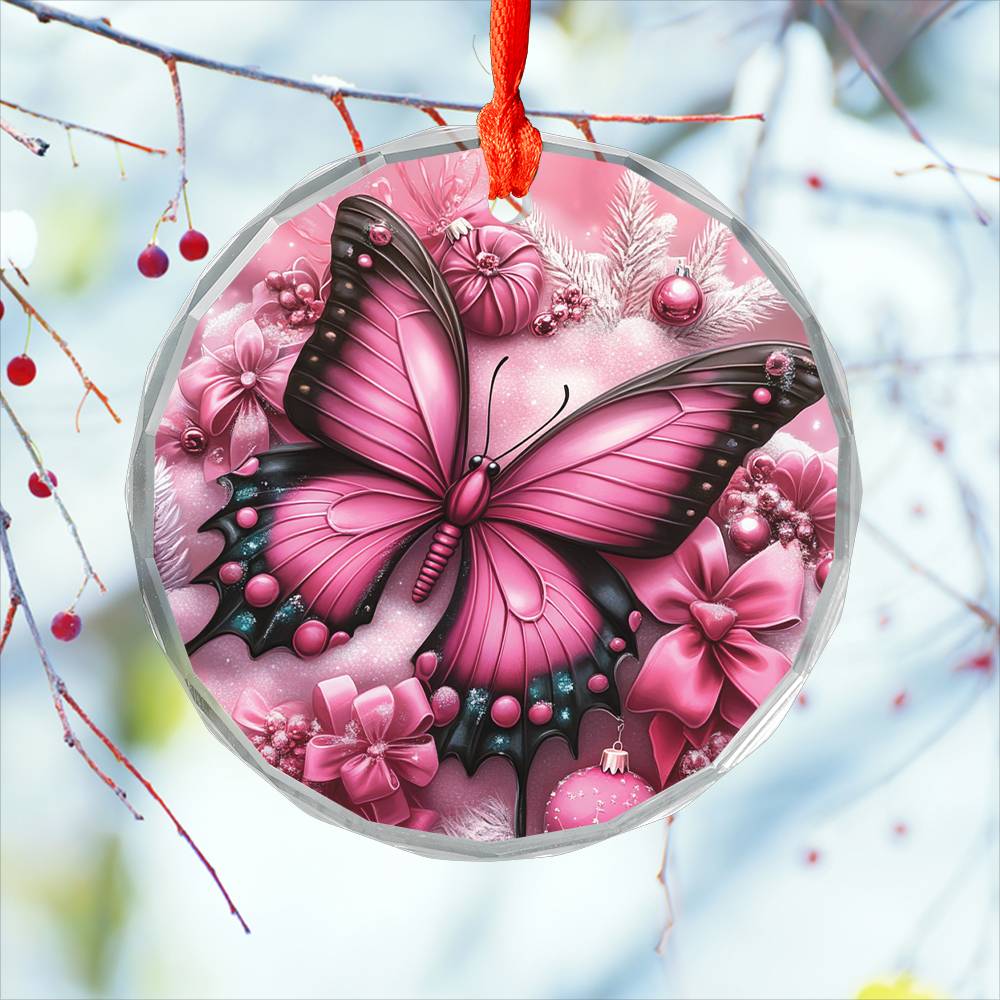 Butterfly Pink Christmas Design 3 Glass Ornament