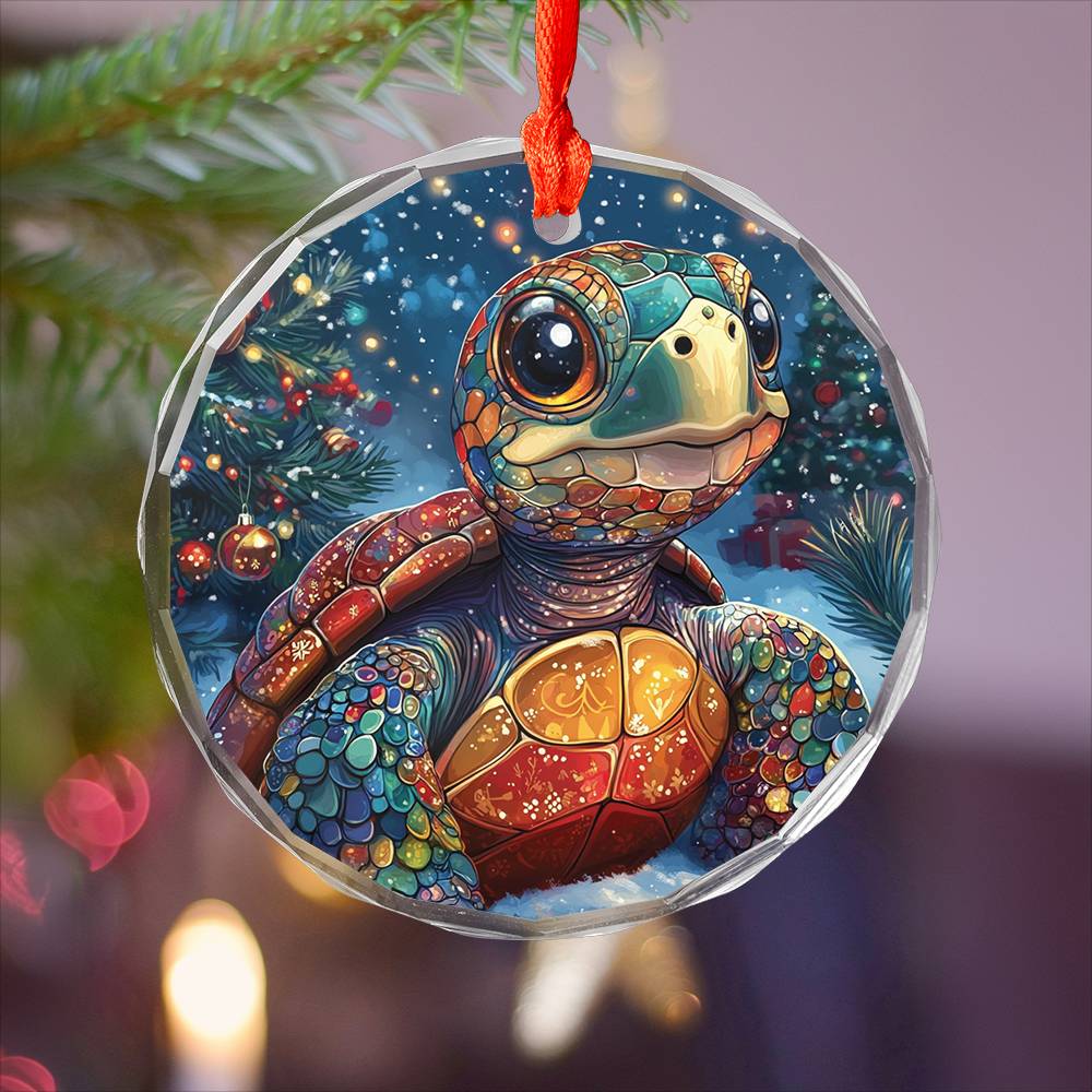Beautiful Angus Turtle Christmas Night Design 2 Glass Ornament