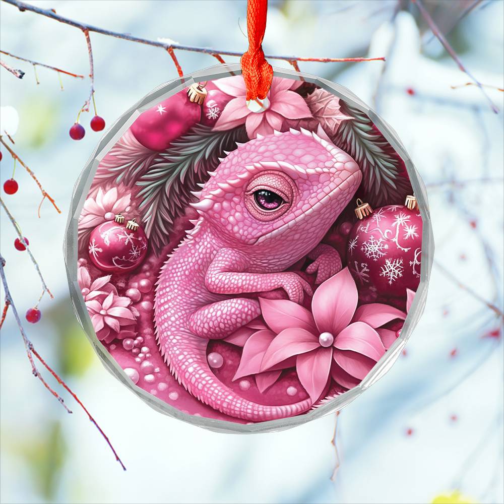 Chameleon Pink Christmas Design 3 Glass Ornament