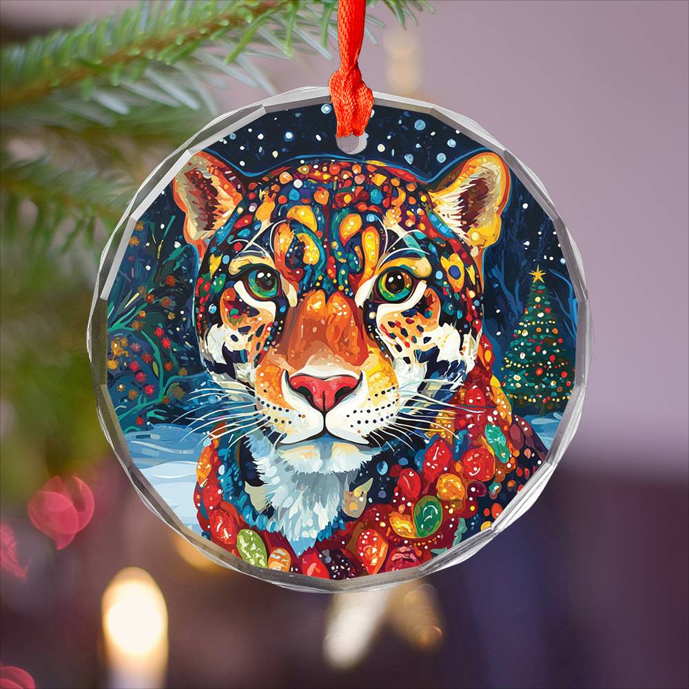 Beautiful Jaguar Christmas Night Design 2 Glass Ornament