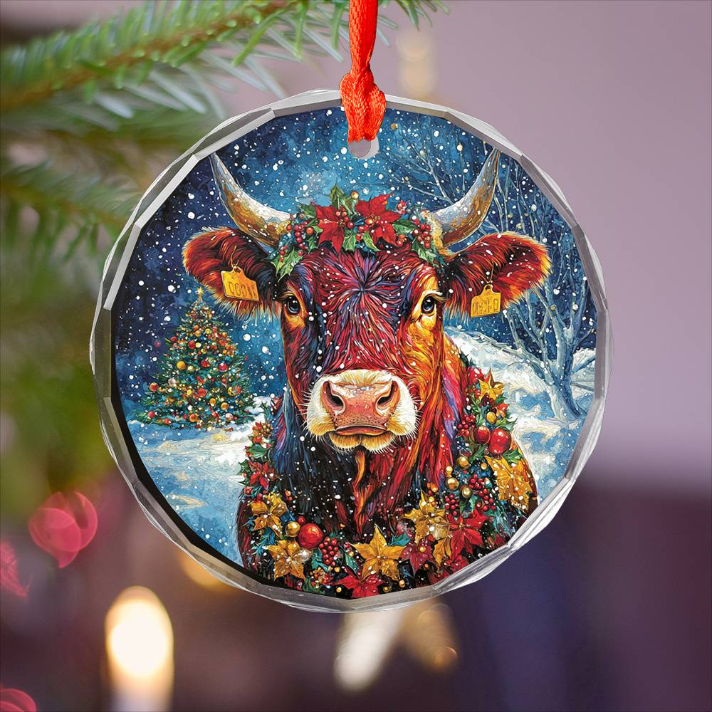 Beautiful Angus Cow Christmas Night Design 1 Glass Ornament