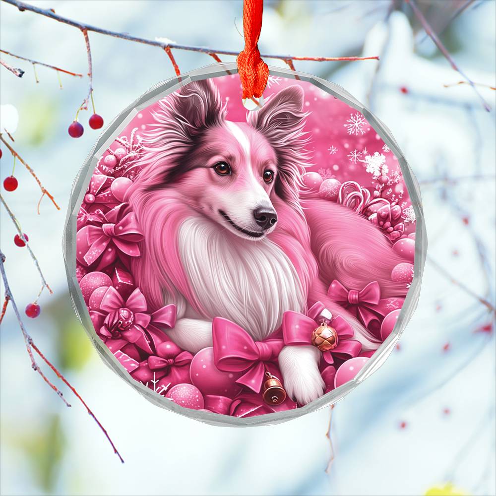 Collie Dog Pink Christmas Design 2 Glass Ornament