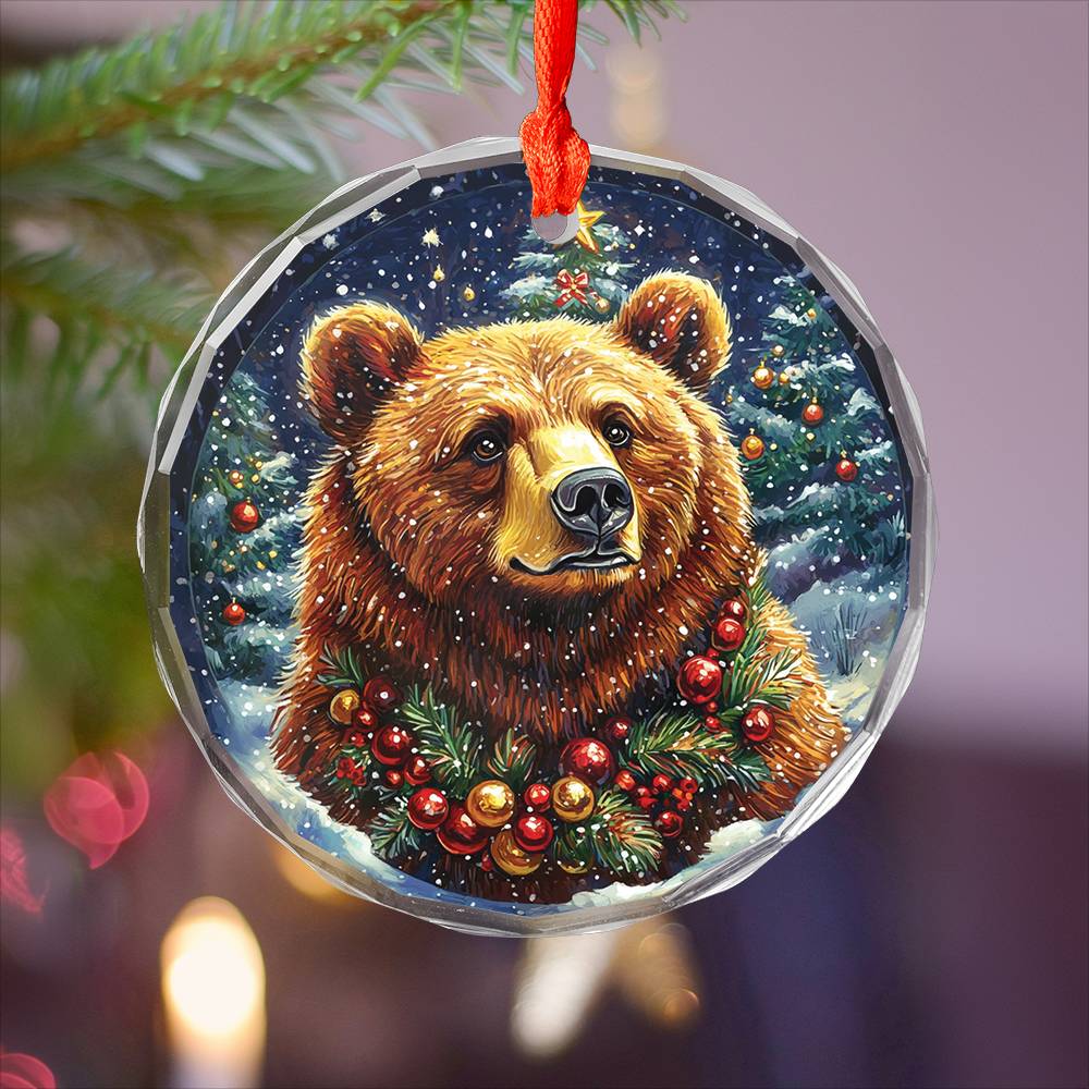 Beautiful Angus Grizzly Bear Christmas Night Design 3 Glass Ornament