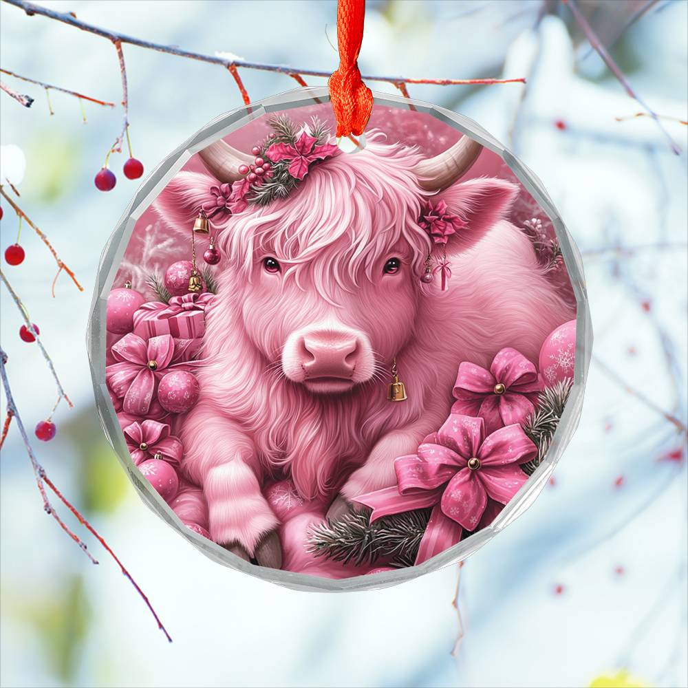 Highland Cow Pink Christmas Design 4 Glass Ornament