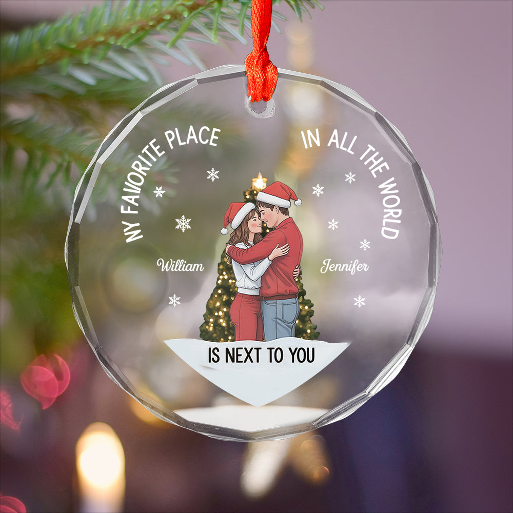 Christmas Couple Sideview You Are My Favorite By Far - Personalized Heart Glass Ornament4