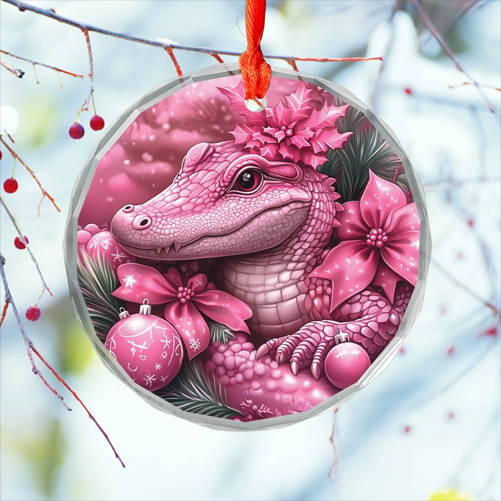 Alligator Pink Christmas Design 2 Glass Ornament