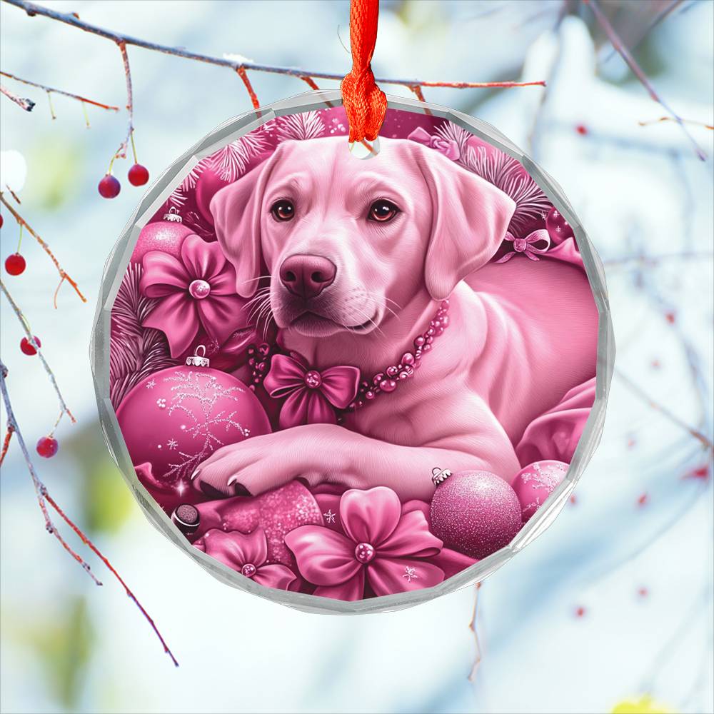 Labrador Retriever Dog Pink Christmas Design 2 Glass Ornament