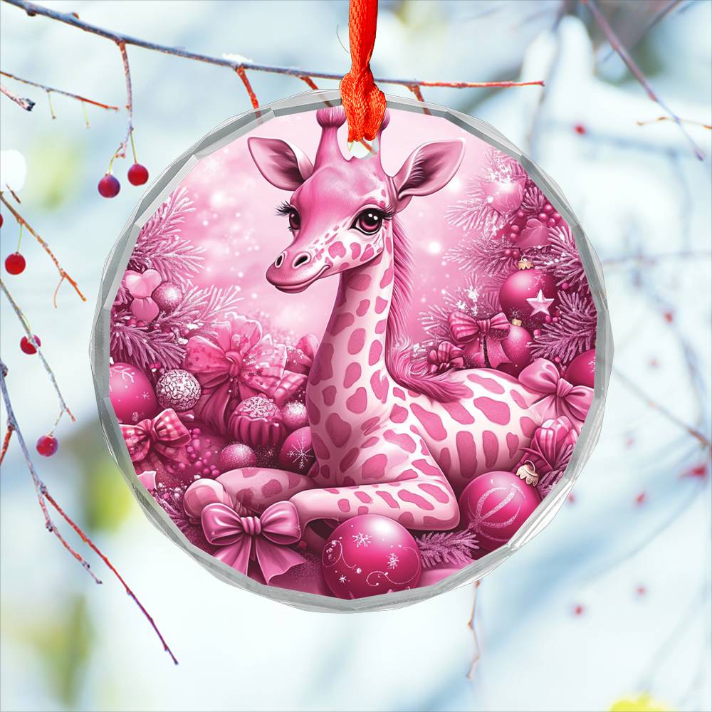 Giraffe Pink Christmas Design 3 Glass Ornament