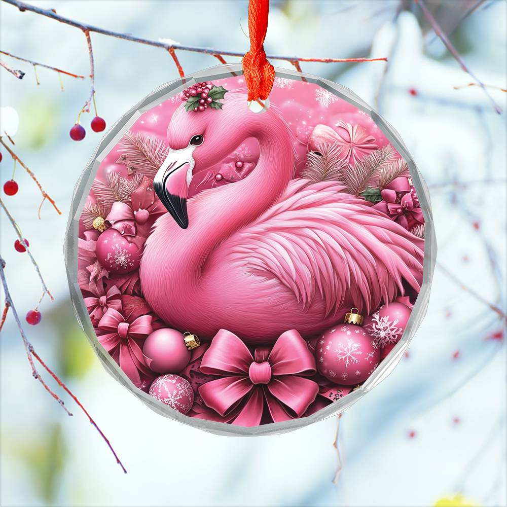 Flamingo Pink Christmas Design 2 Glass Ornament