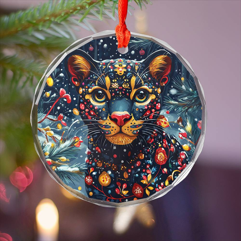 Beautiful Panther Christmas Night Design 2 Glass Ornament