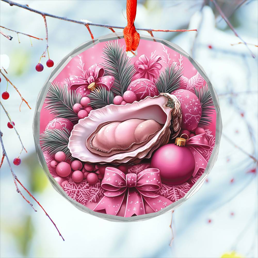Oysters Pink Christmas Design 1 Glass Ornament