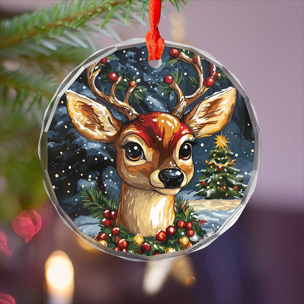 Beautiful Angus Deer Christmas Night Design 1 Glass Ornament
