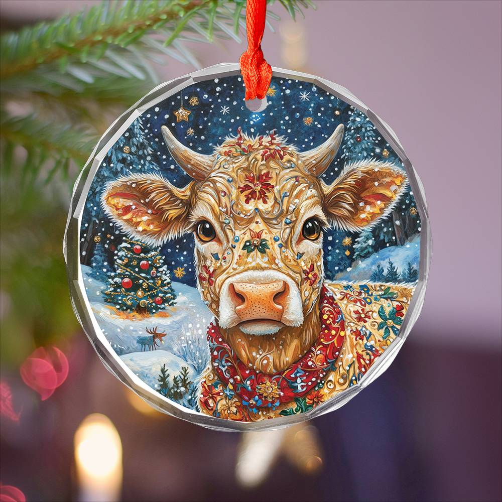 Beautiful Jersey Cow Christmas Night Design 1 Glass Ornament