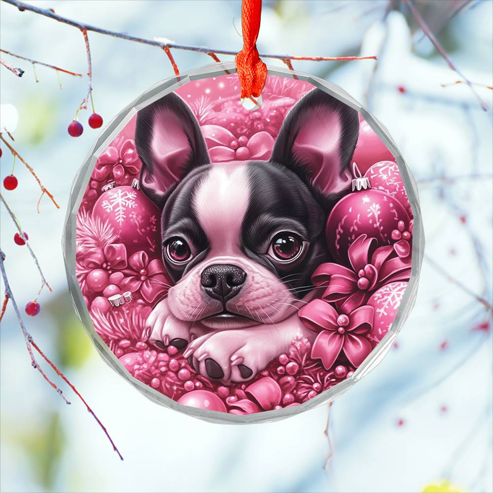 Boston Terrier Dog Pink Christmas Design 4 Glass Ornament
