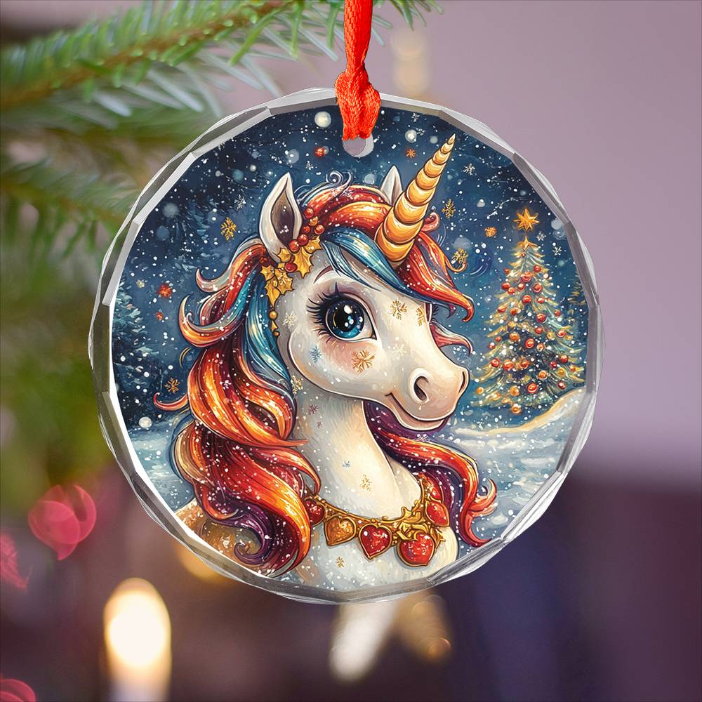 Beautiful Angus Unicorn Christmas Night Design 3 Glass Ornament