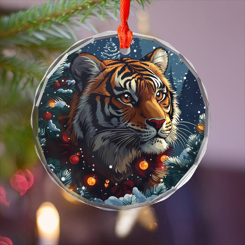 Beautiful Tiger Christmas Night Design 2 Glass Ornament