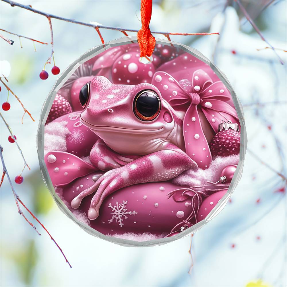 Frog Pink Christmas Design 1 Glass Ornament