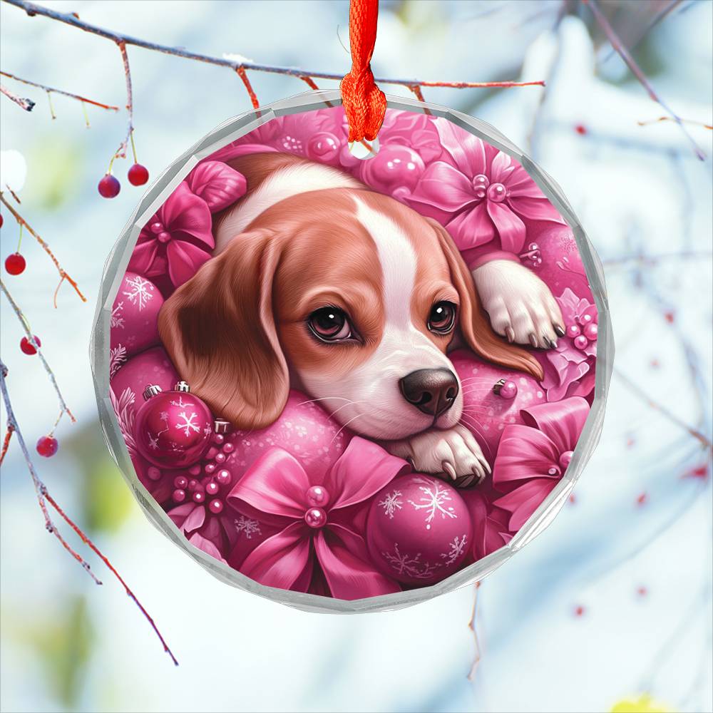 Beagle Dog Pink Christmas Design 3 Glass Ornament