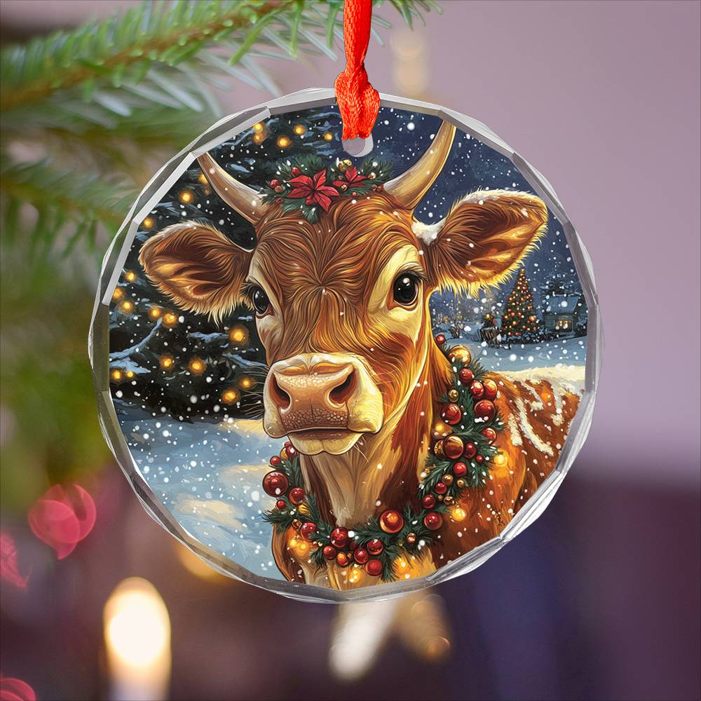 Beautiful Jersey Cow Christmas Night Design 4 Glass Ornament
