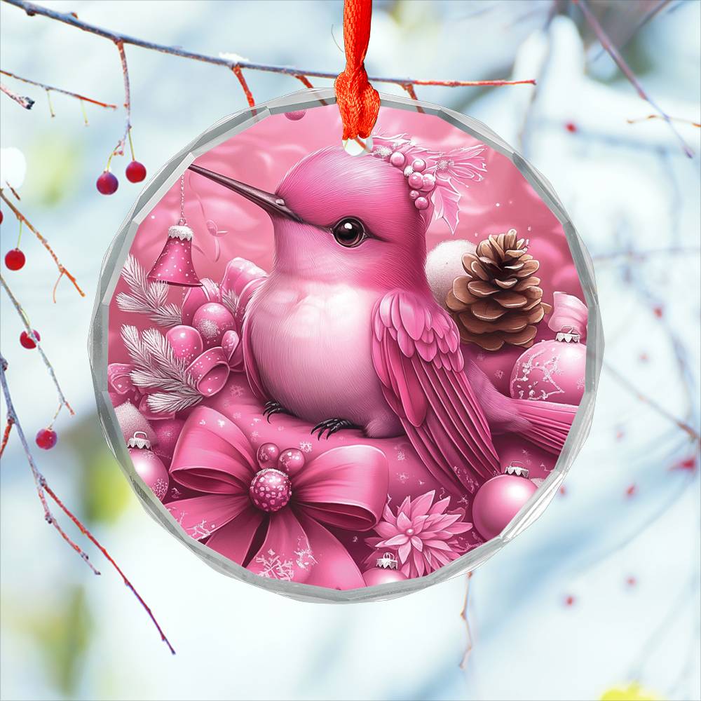 Hummingbird Pink Christmas Design 2 Glass Ornament