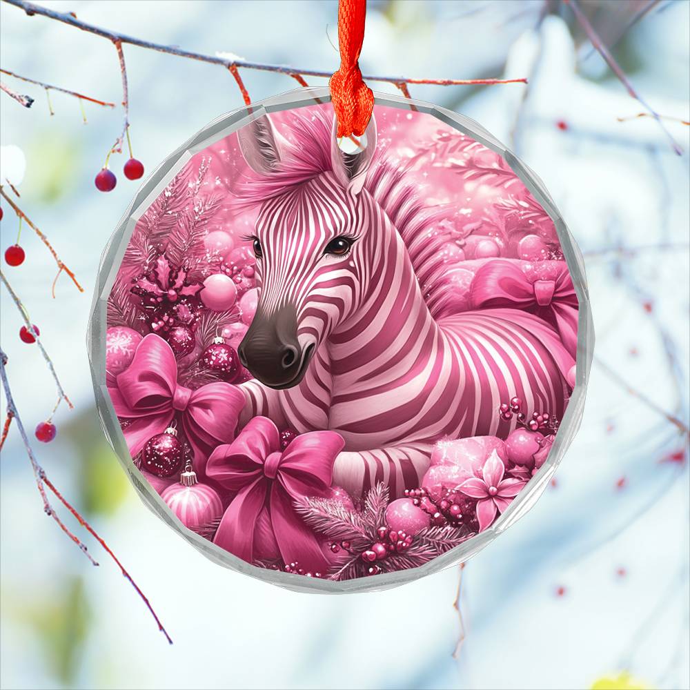 Zebra Pink Christmas Design 4 Glass Ornament