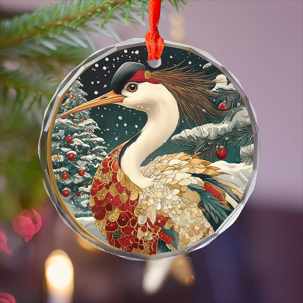 Beautiful Crane Christmas Night Design 3 Glass Ornament