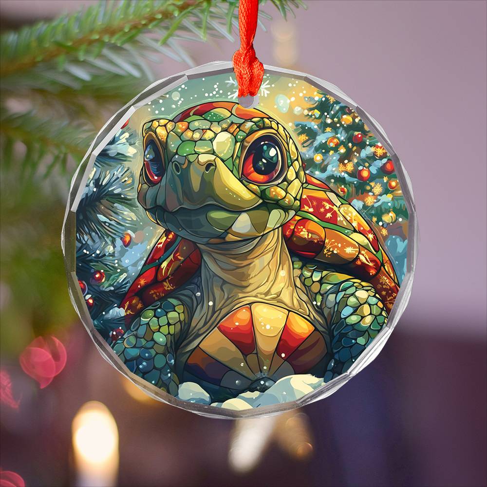 Beautiful Tortoise Christmas Night Design 4 Glass Ornament