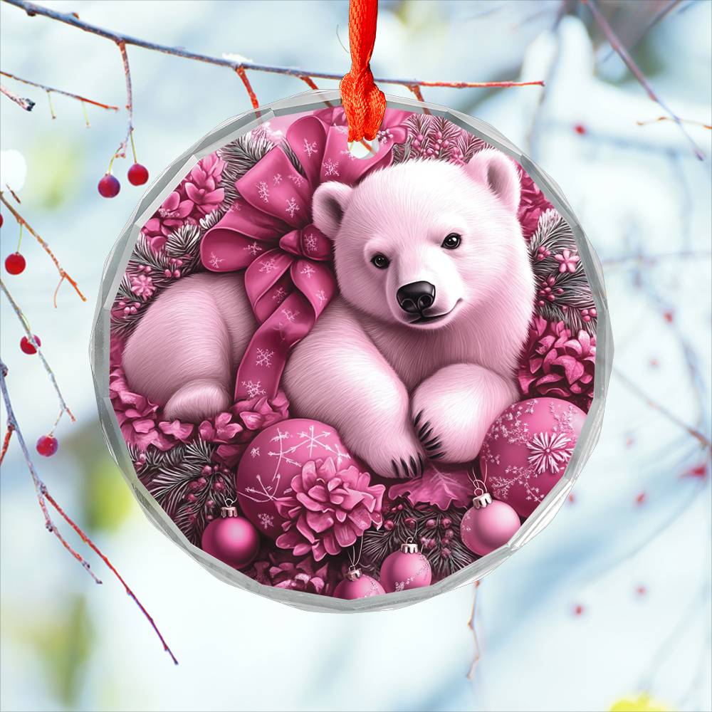Pola Bear Pink Christmas Design 4 Glass Ornament