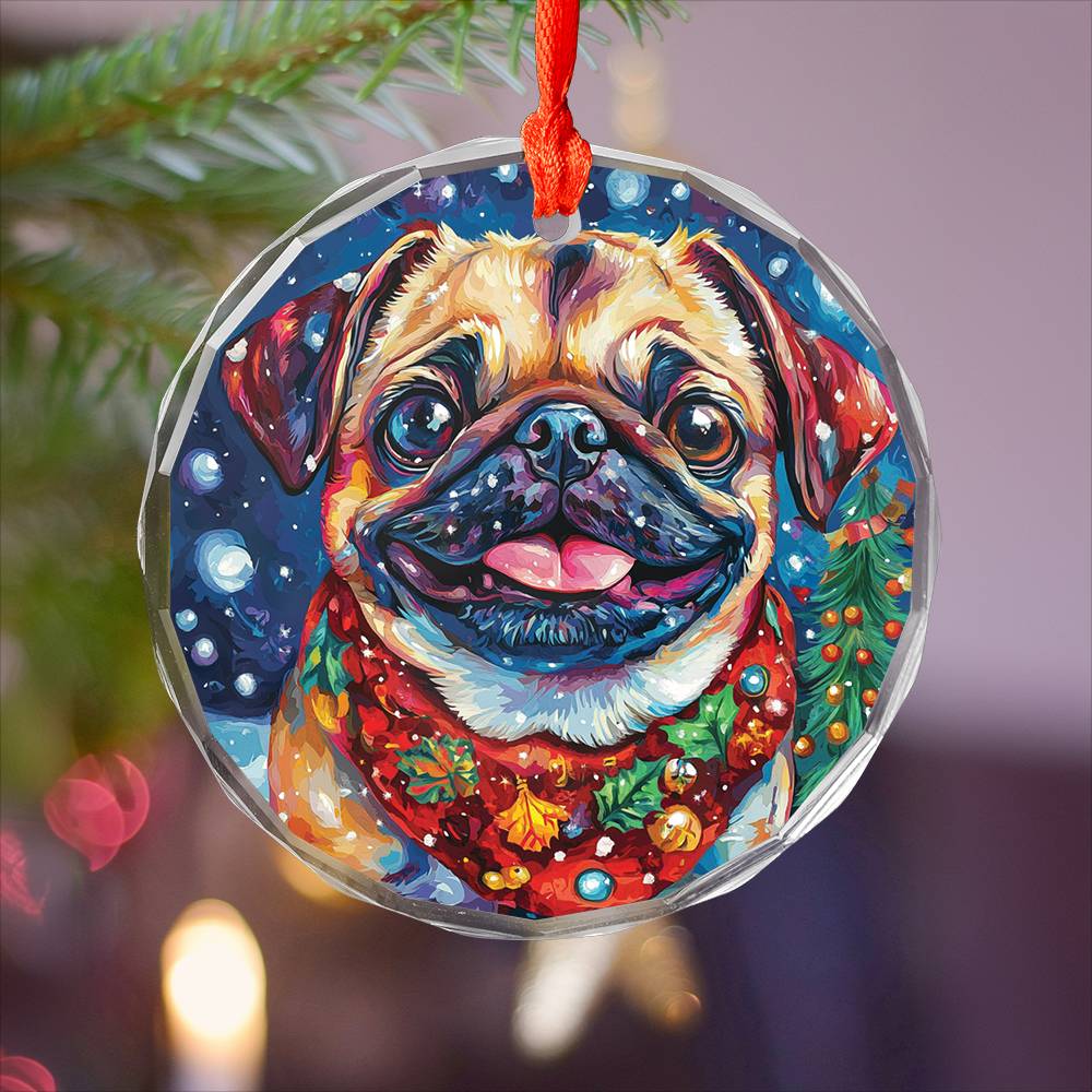 Beautiful Pug Dog Christmas Night Design 2 Glass Ornament