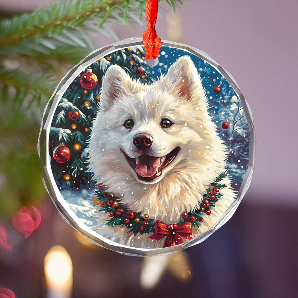 Beautiful Samoyed Dog Christmas Night Design 2 Glass Ornament