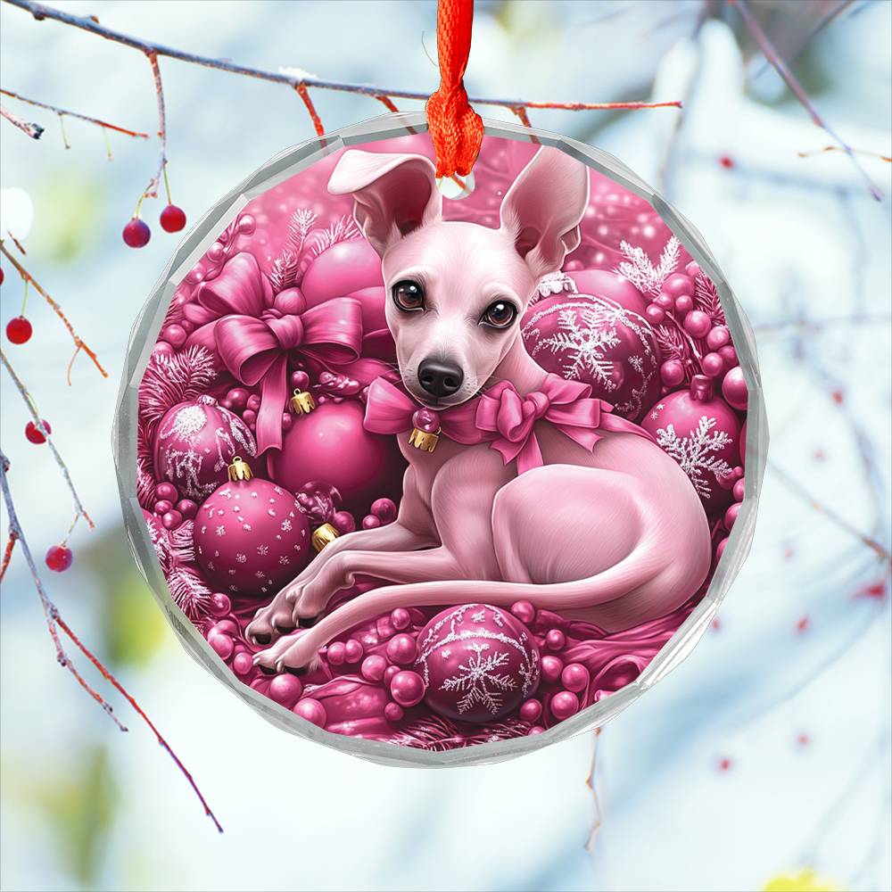 Whippet Dog Pink Christmas Design 1 Glass Ornament