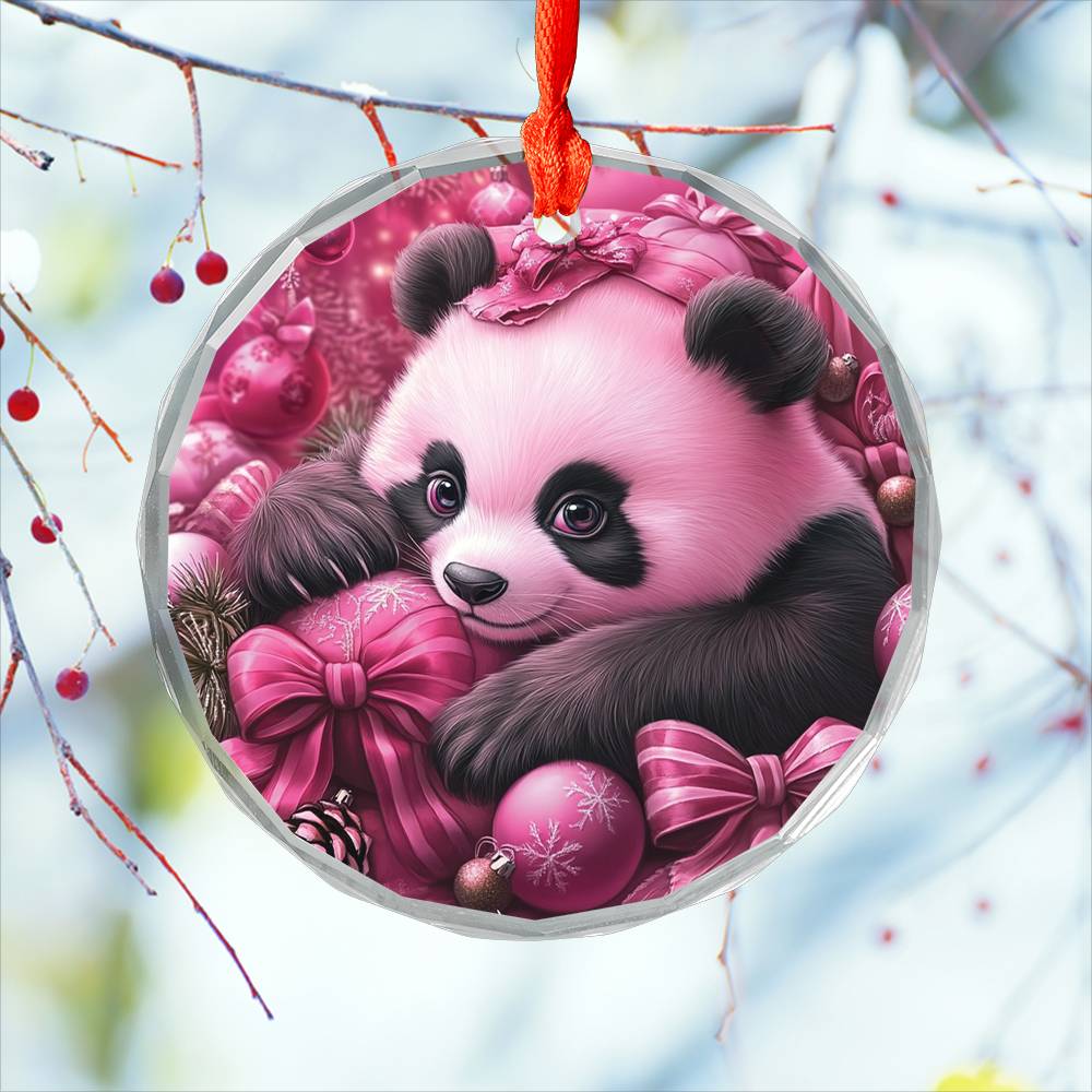 Panda Pink Christmas Design 3 Glass Ornament