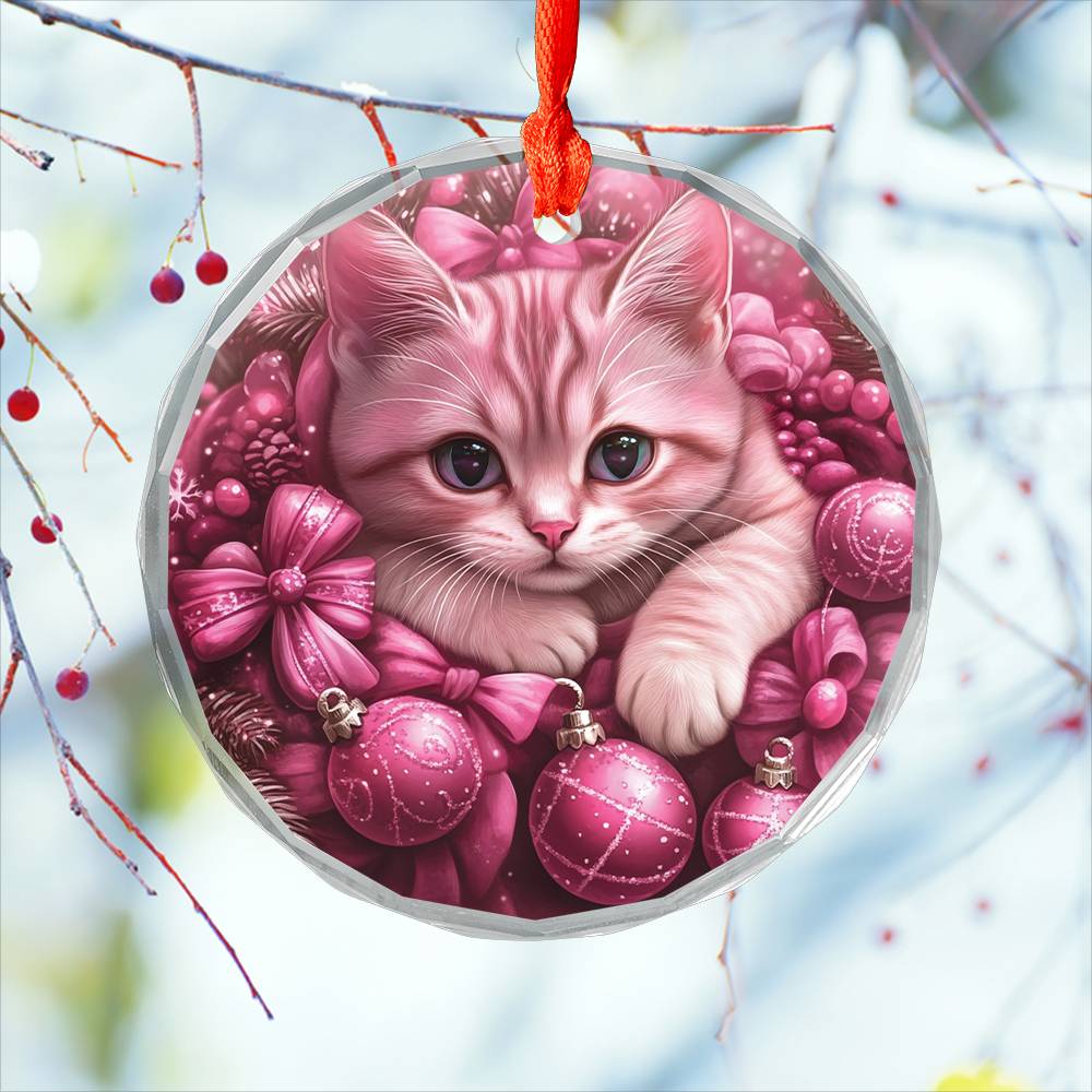 American Shorthair Pink Christmas Design 2 Glass Ornament