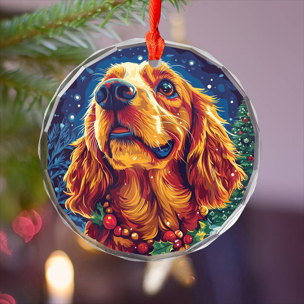 Beautiful Cocker Spaniel Dog Christmas Night Design 2 Glass Ornament