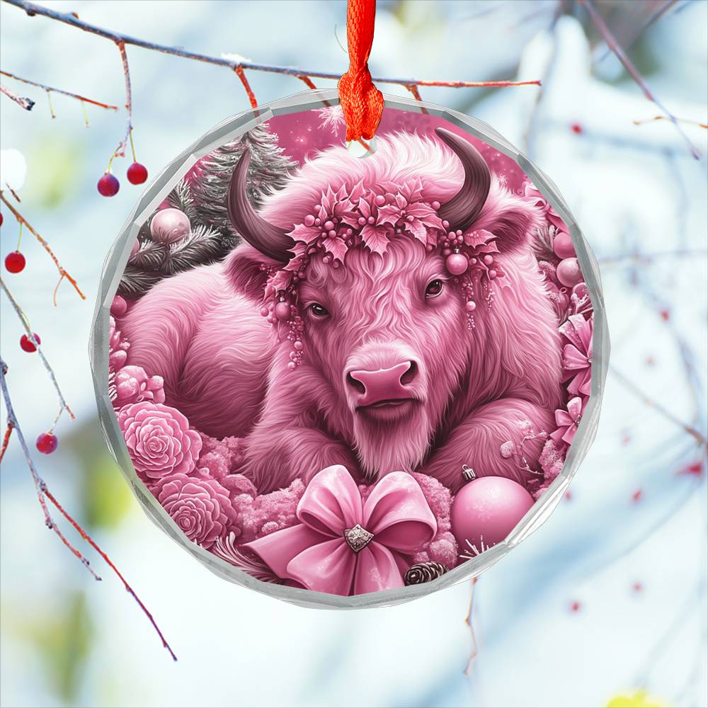 Bison Pink Christmas Design 3 Glass Ornament