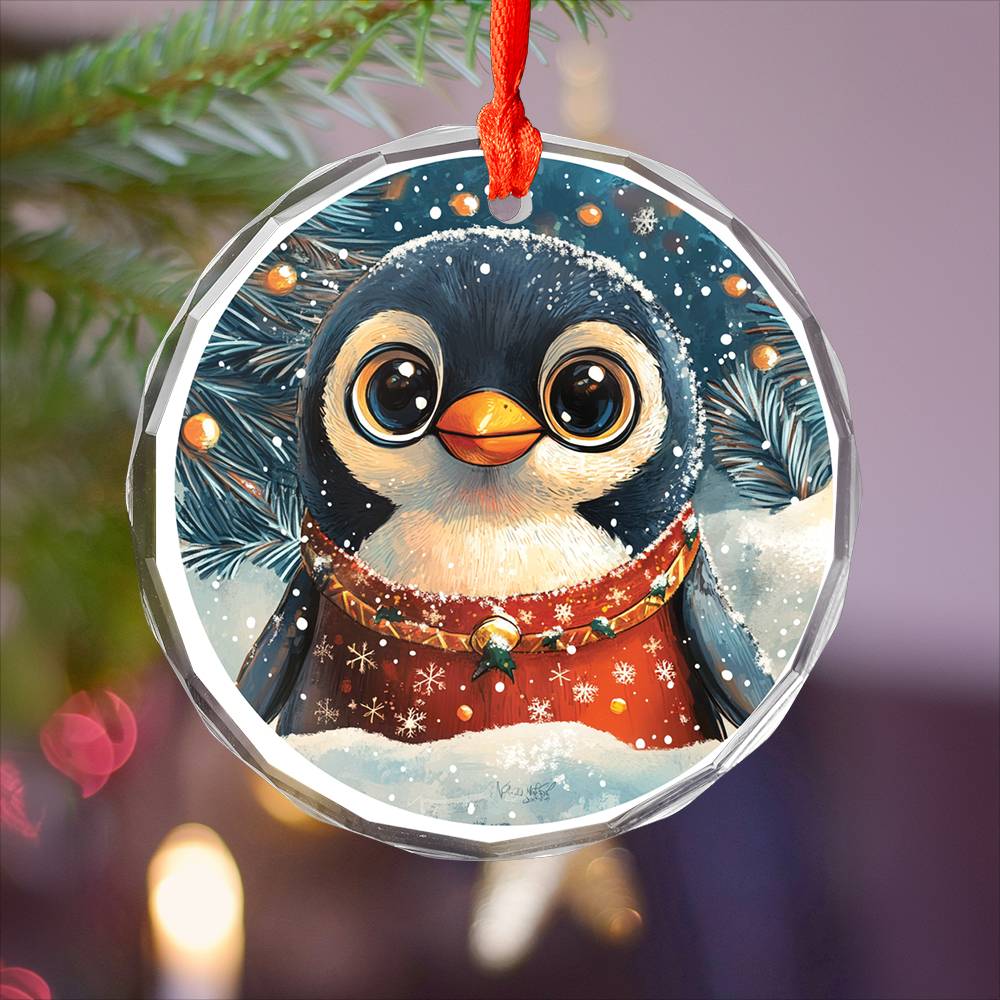 Beautiful Angus Penguin Christmas Night Design 1 Glass Ornament