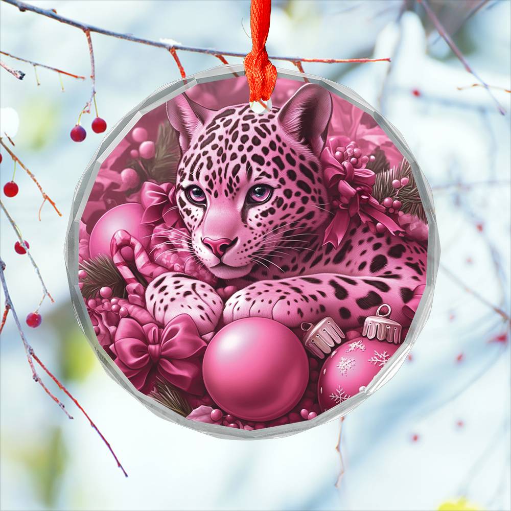 Jaguar Pink Christmas Design 1 Glass Ornament