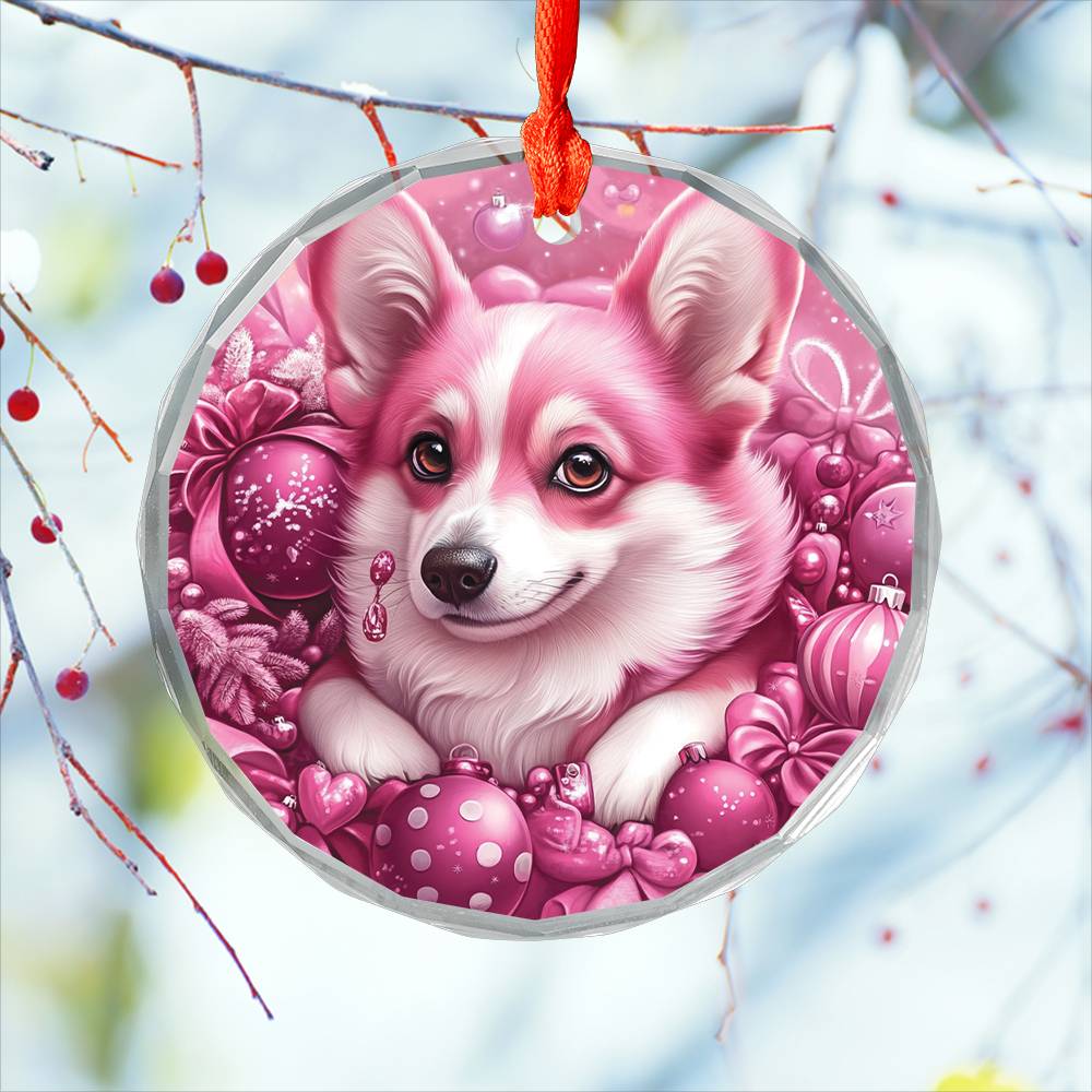 Pembroke Welsh Corgi Dog Pink Christmas Design 3 Glass Ornament