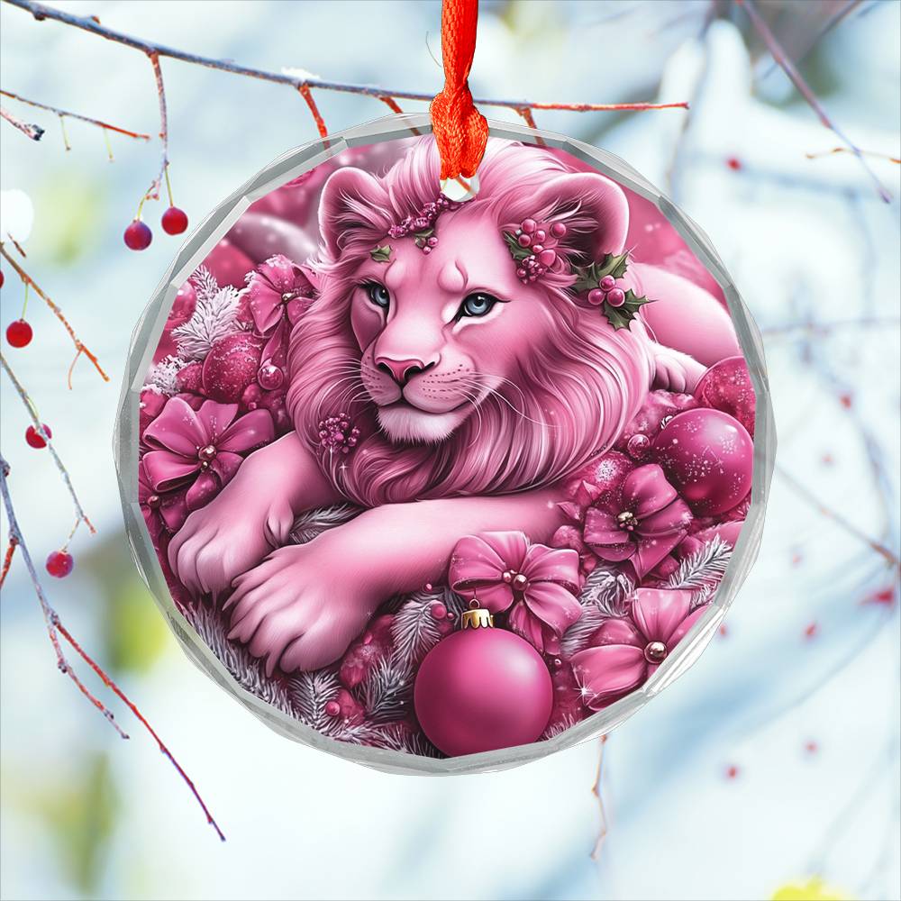 Lion Pink Christmas Design 3 Glass Ornament