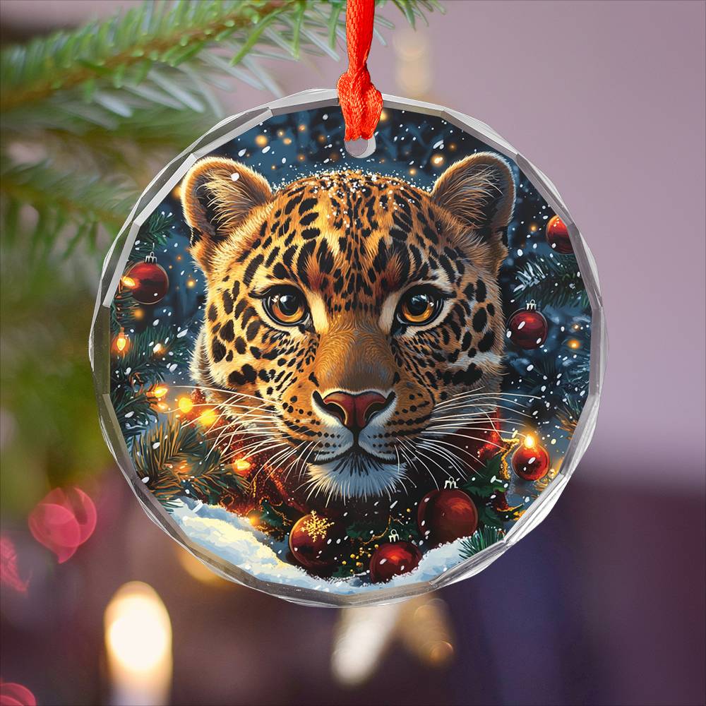 Beautiful Leopard Christmas Night Design 3 Glass Ornament