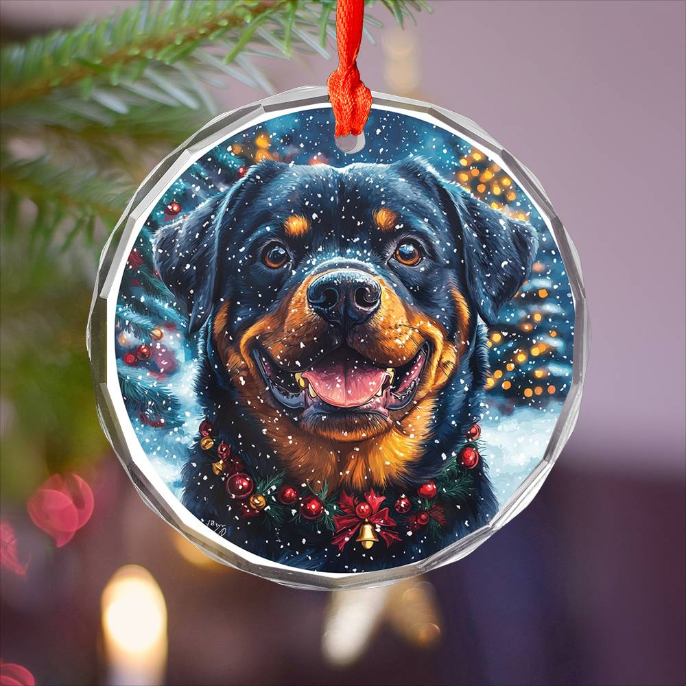Beautiful Angus Rottweiler Dog Christmas Night Design 3 Glass Ornament