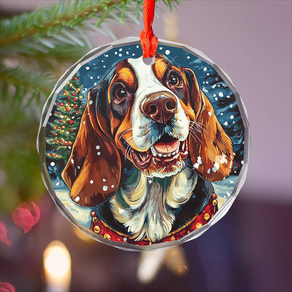 Beautiful Bassett Hound Dog Christmas Night Design 2 Glass Ornament