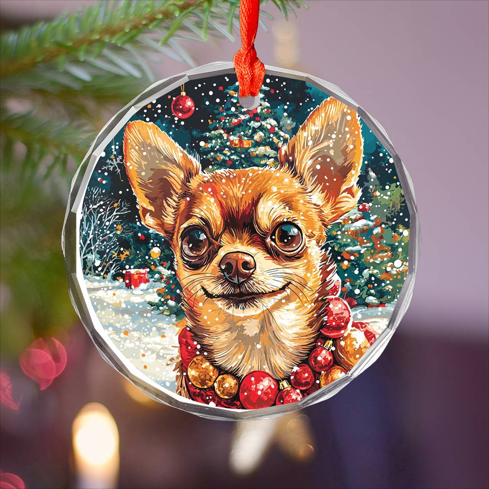 Beautiful Chihuahua Dog Christmas Night Design 3 Glass Ornament