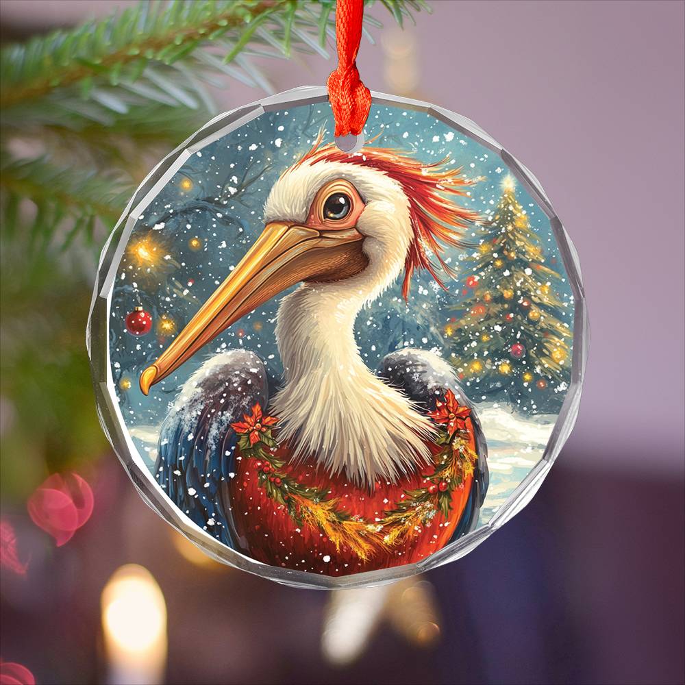 Beautiful Pelican Christmas Night Design 2 Glass Ornament
