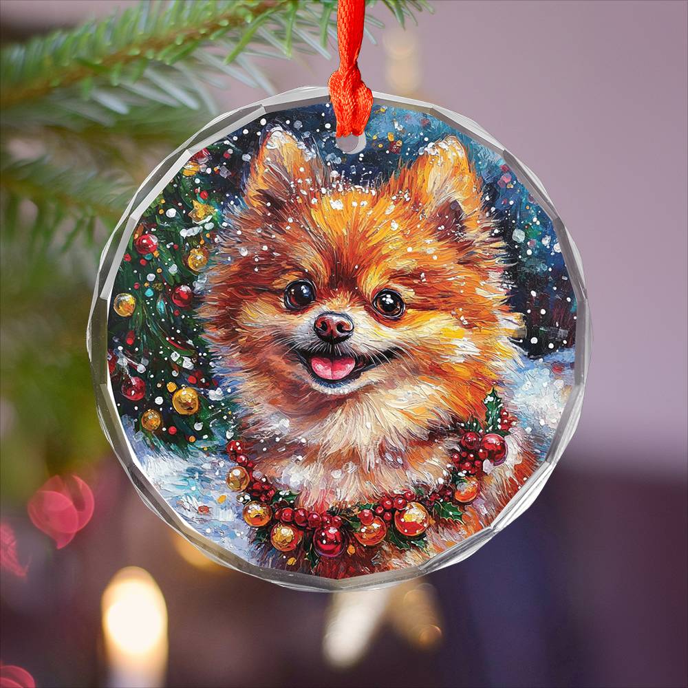 Beautiful Angus Pomeranian Dog Christmas Night Design 1 Glass Ornament